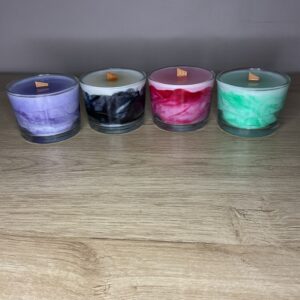 κερί σε μικρό ποτήρι με ξύλινο φυτίλι σε διάφορα χρώματα